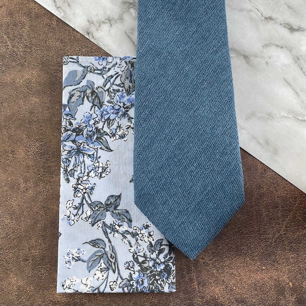 Men’s Steel Blue Velour Necktie w/ Lt. Blue Floral Pocket Square